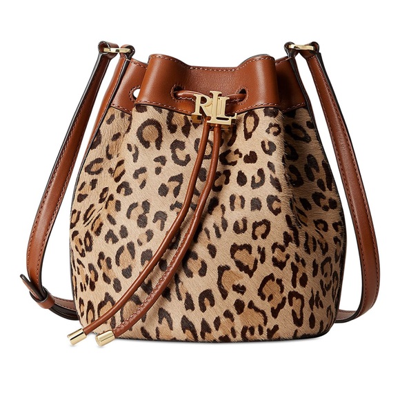 RALPH LAUREN Andie Drawstring Crossbody Bucket Bag Leopard Calf Hair NWT $325 - Picture 1 of 14